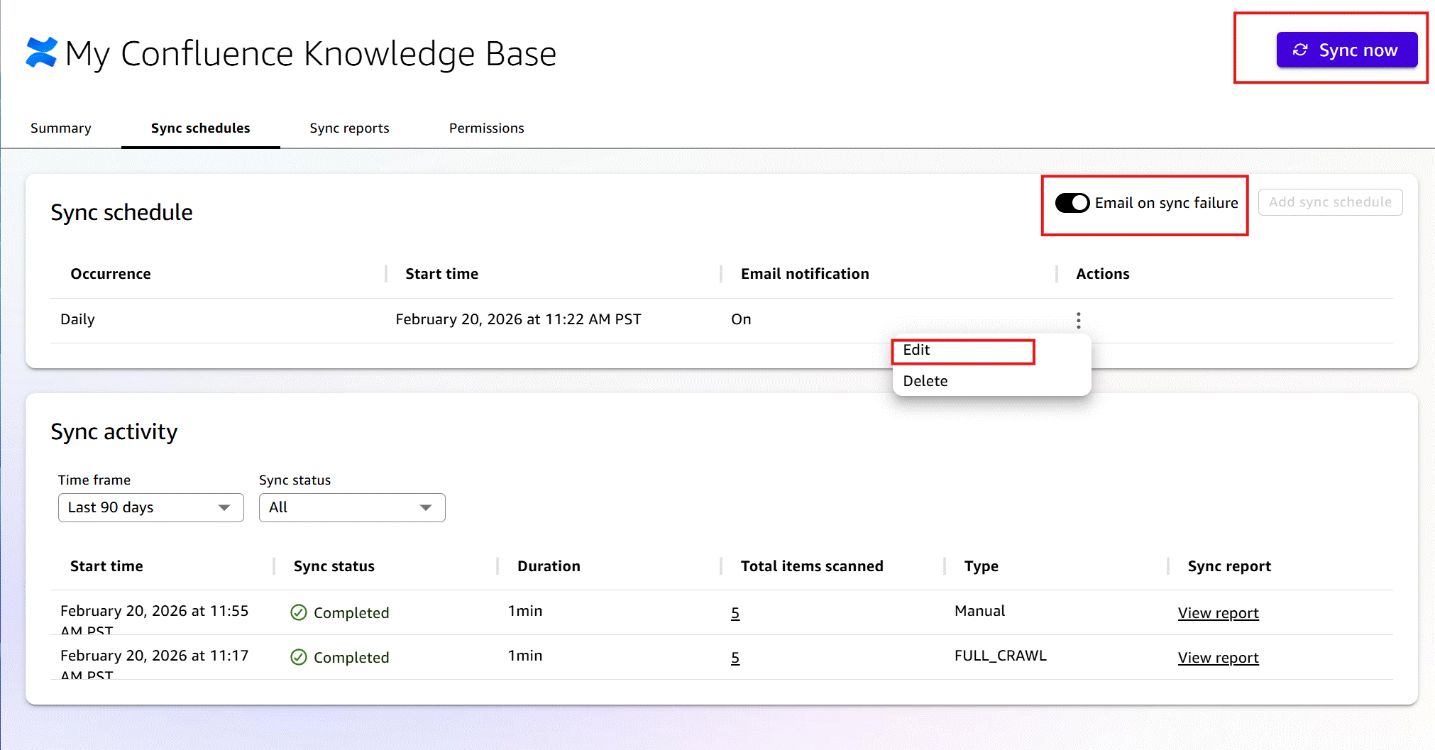 Screenshot of the 'My Confluence Knowledge Base' detail page in Amazon Quick on the Sync schedules tab. The Sync schedule table shows a Daily schedule with Start time of February 20, 2026 at 11:22 AM PST and Email notification On. A three-dot actions menu is open showing 'Edit' (highlighted with red border) and 'Delete' options. An 'Email on sync failure' toggle is highlighted in the top-right. The Sync activity section below shows the last 90 days of sync history with timestamps, durations, item counts, sync types (Manual, FULL_CRAWL), and View report links. The 'Sync now' button is highlighted in the top-right corner.