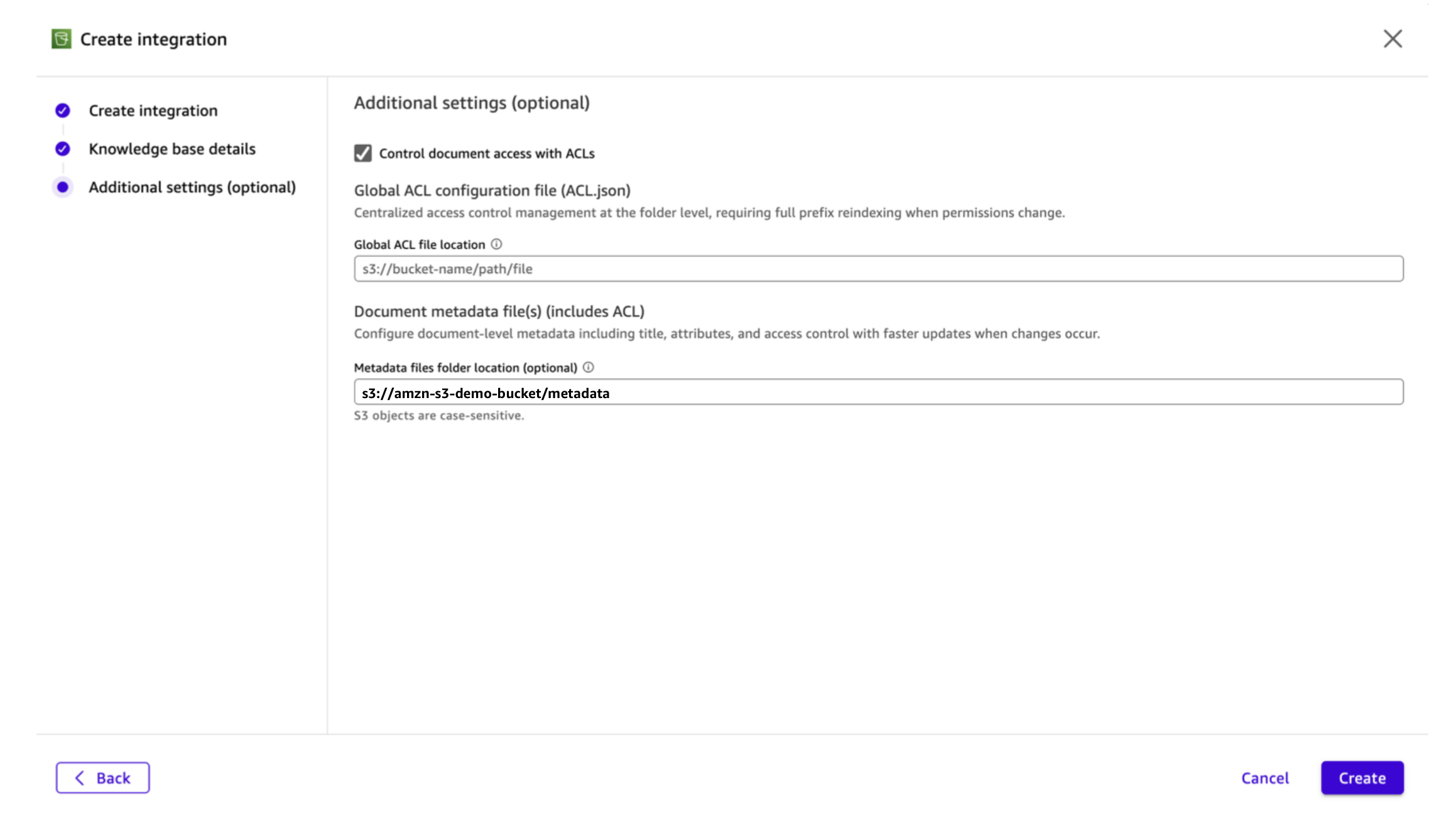Additional settings step of the Create Integration wizard in Amazon Quick with "Control document access with ACLs" enabled, showing placeholder global ACL file location and metadata files folder location populated with "s3://amzn-s3-demo-bucket/metadata/."