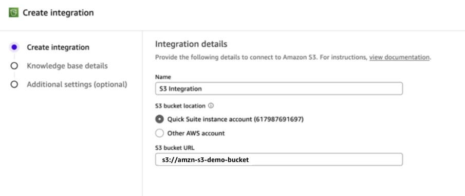 Step 1 of the Create Integration wizard in Amazon Quick showing fields for integration name ("S3 Integration"), S3 bucket location with the Quick Suite instance account selected, and S3 bucket URL ("s3://amzn-s3-demo-bucket").