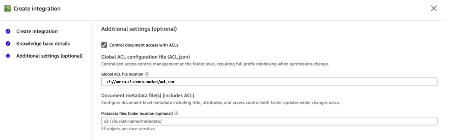 Additional settings step of the Create Integration wizard in Amazon Quick showing an enabled "Control document access with ACLs" checkbox, a global ACL file location field ("s3://amzn-s3-demo-bucket/acl.json"), and an optional metadata files folder location field.