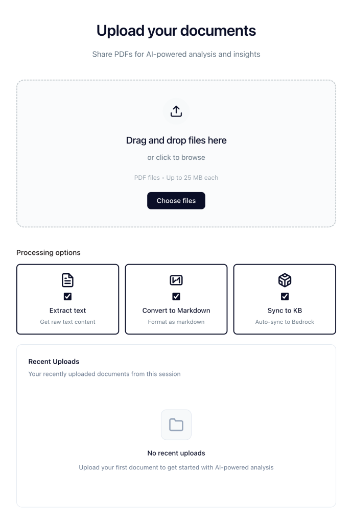 AI-powered document upload interface with drag-and-drop zone, processing options for text extraction, Markdown conversion, and knowledge base sync, plus a recent uploads section.