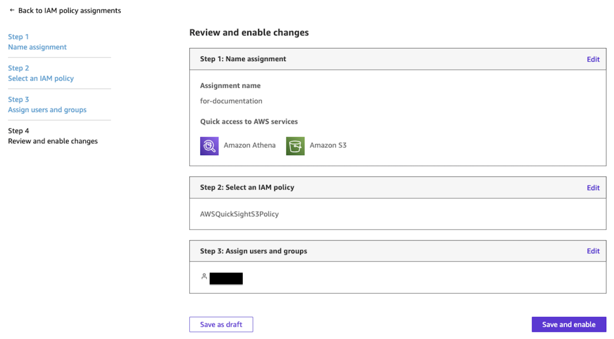 Step 4 review screen of the IAM policy assignment wizard summarizing the assignment name "for-documentation," selected policy "AWSQuickSightS3Policy," assigned user (redacted), and Amazon Quick access services, with "Save as draft" and "Save and enable" buttons.
