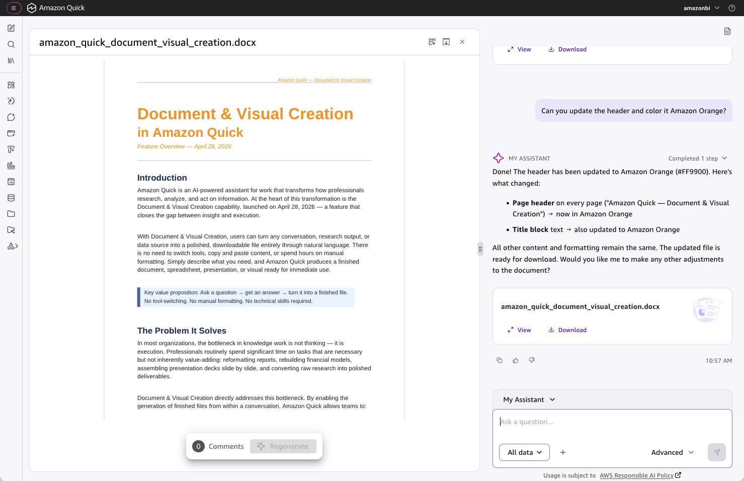 Quick conversation showing a chat-based edit request to update the page header to Amazon Orange, with the document preview updating in real time