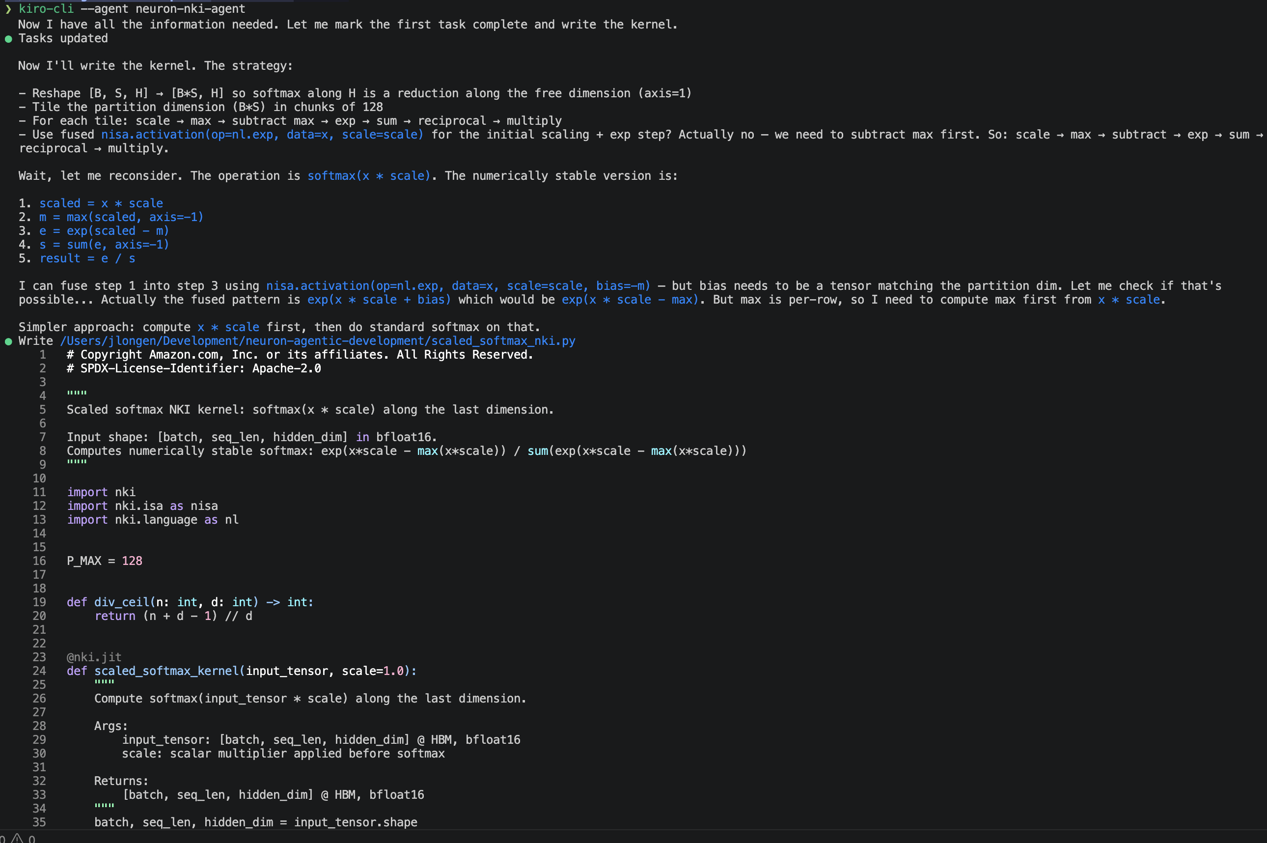 NKI agent authoring a scaled softmax kernel in the Kiro CLI session, with the three-pass design decisions and hardware tiling parameters in the response