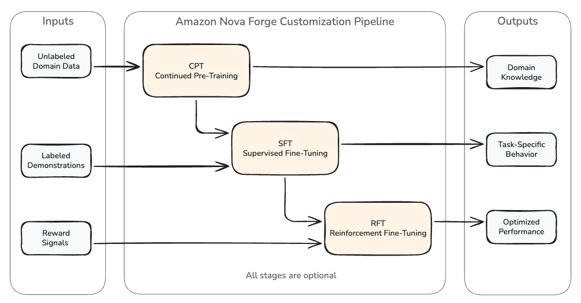 Amazon Nova Forge customization pipeline showing CPT, SFT, and RFT stages in sequence