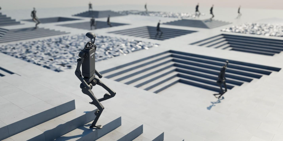 NVIDIA Isaac Lab simulation showing humanoid robots training in parallel environments