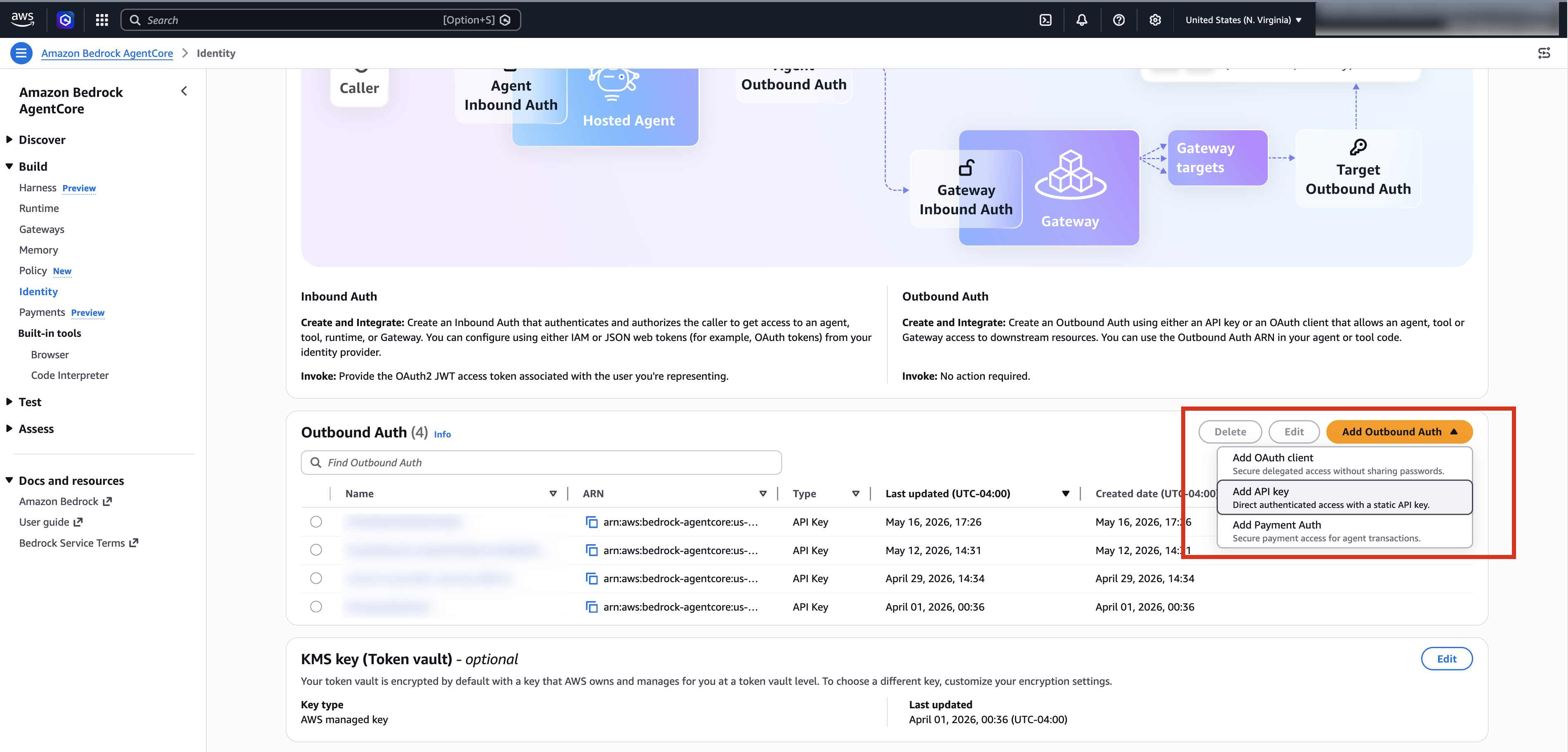 AgentCore Identity console showing creation of an Outbound Auth resource with a referenced secret