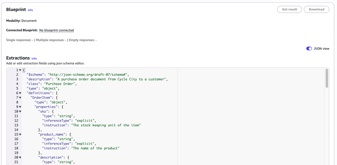 Screenshot of the Amazon Bedrock Data Automation Create blueprint page showing the JSON schema editor with a purchase order blueprint schema, including fields such as sku, product_name, and description with their type, inferenceType, and instruction values