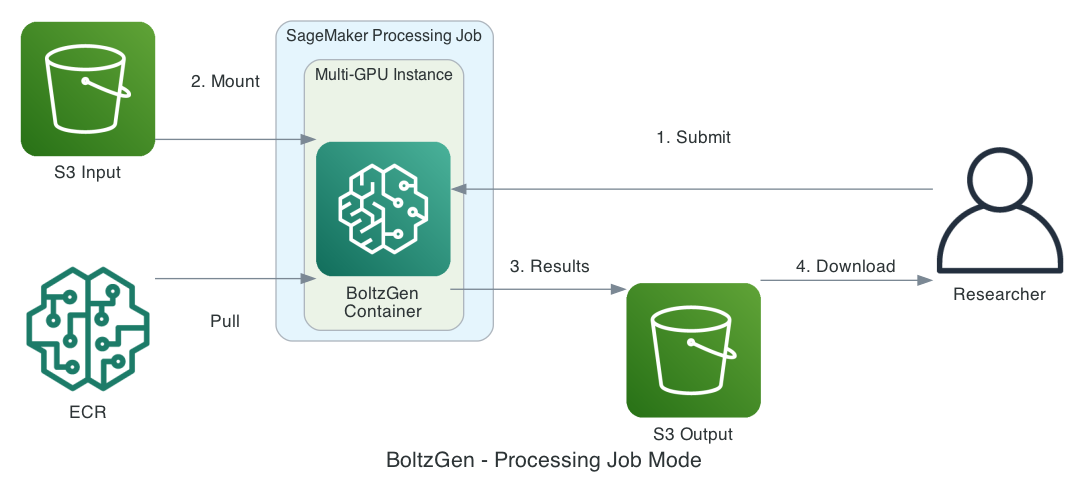 Architecture diagram for processing job mode showing SageMaker AI provisioning a GPU instance, executing the BoltzGen container against Amazon S3 input data, and writing results back to Amazon S3