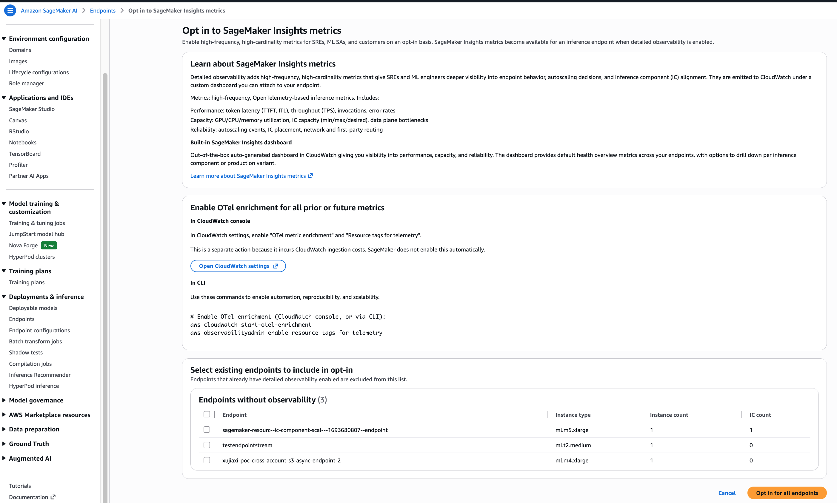 Three-step wizard in the SageMaker console for enabling detailed observability on existing endpoints