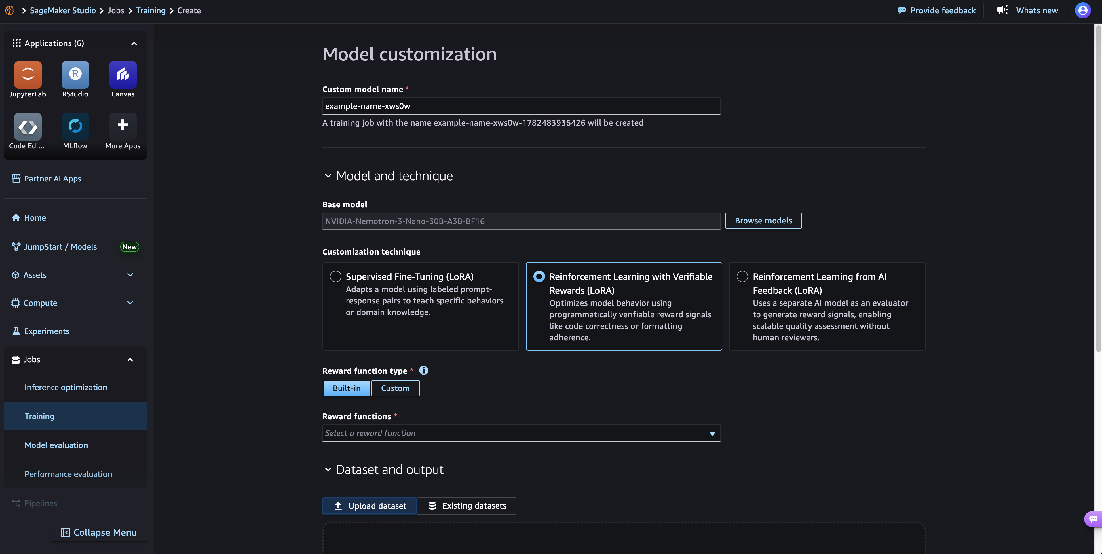Customization technique selection showing SFT, RLVR, and RLAIF options