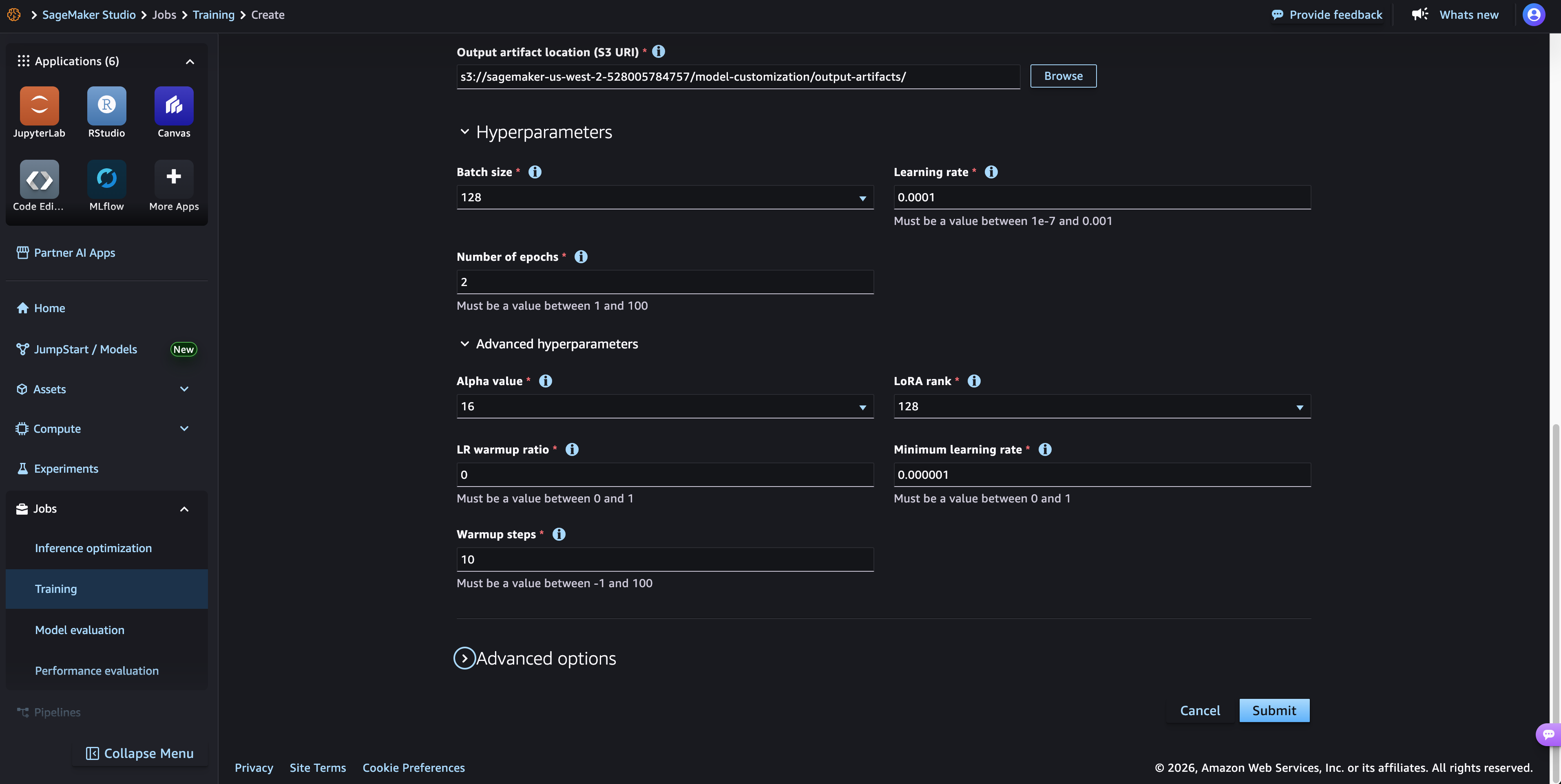 Hyperparameter configuration page with recommended defaults for the customization job