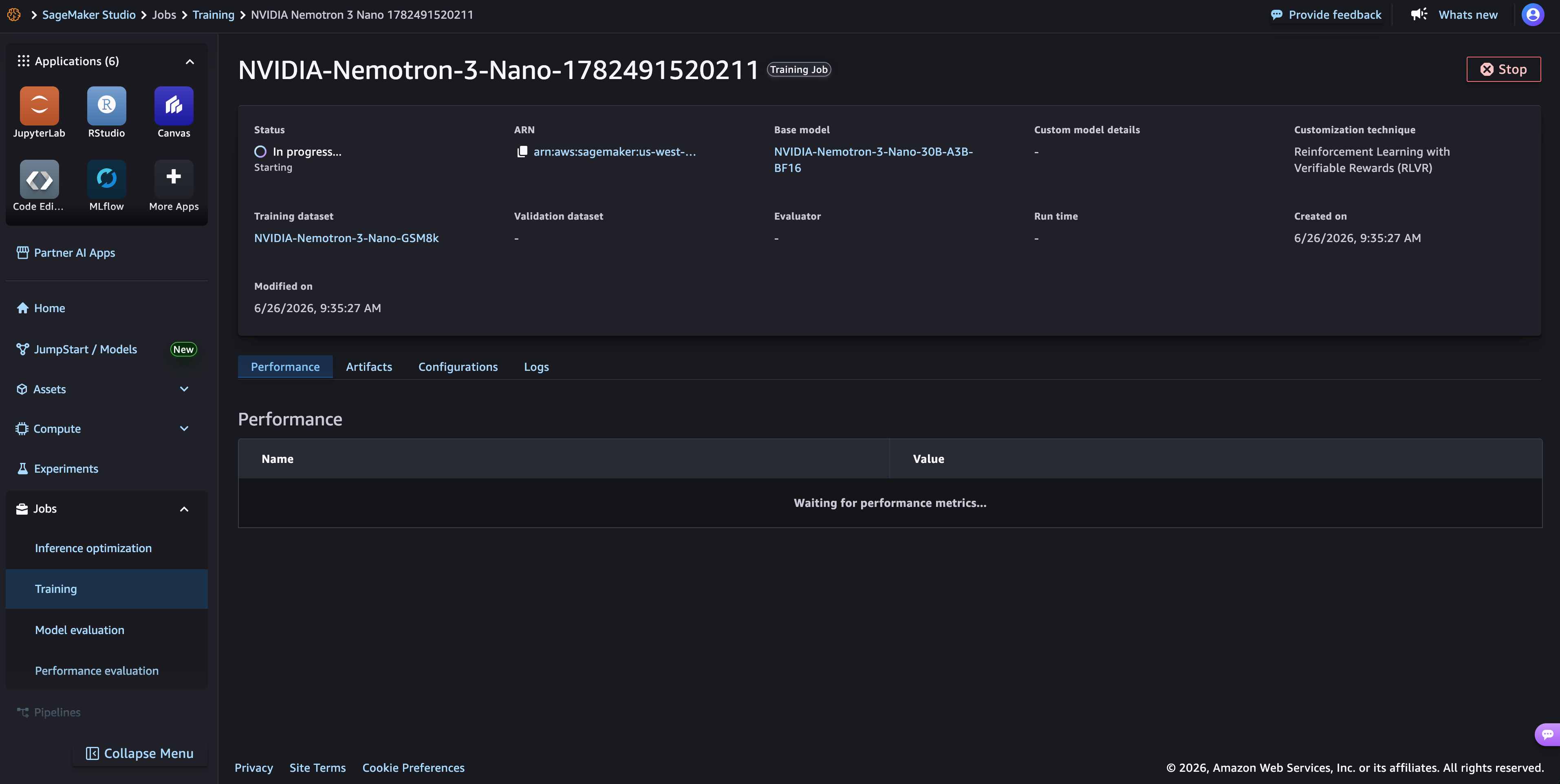 Review page with the Submit button to launch the model customization job