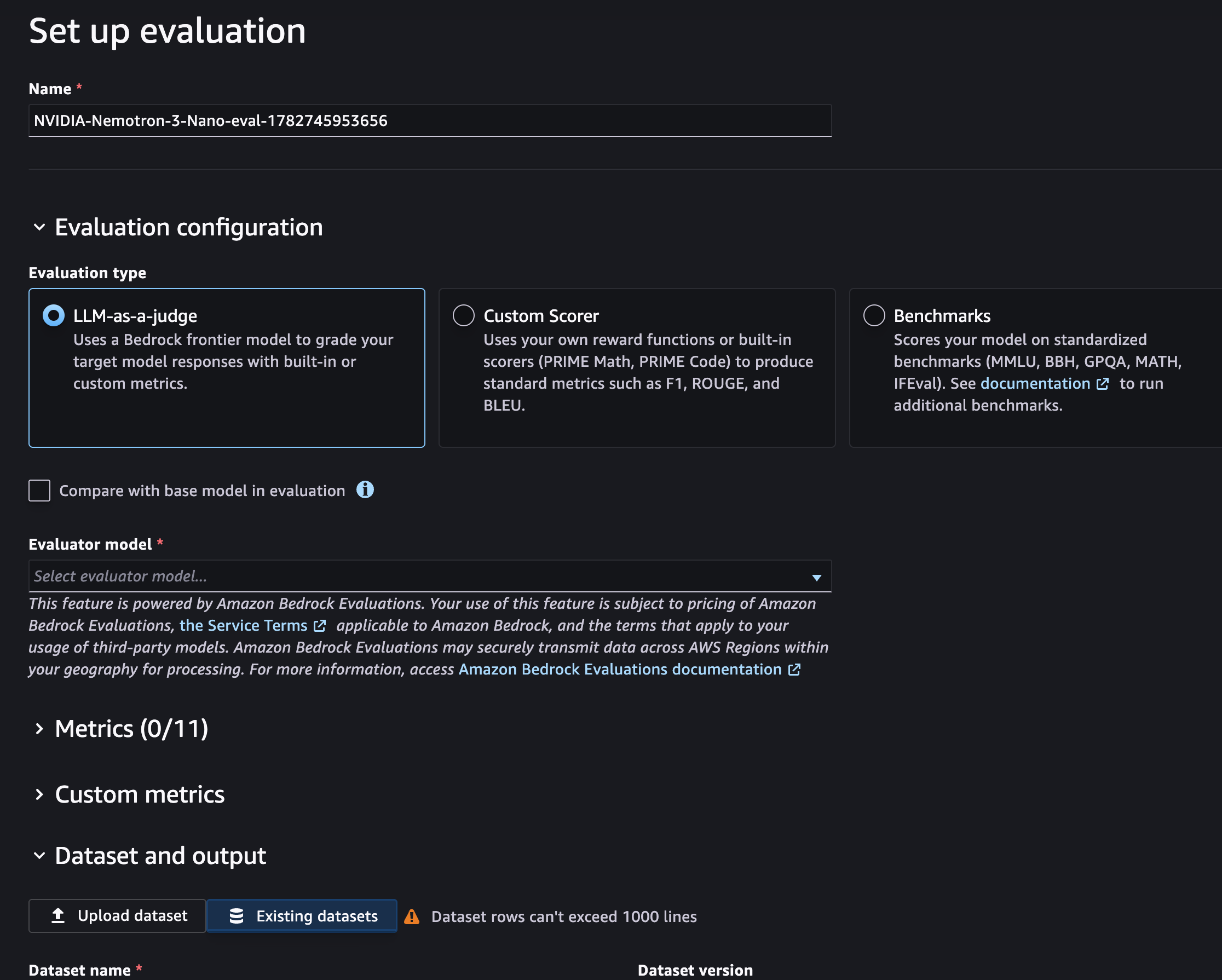 Evaluation options showing LLM-as-a-Judge, Custom Scorer, and Benchmarks methods