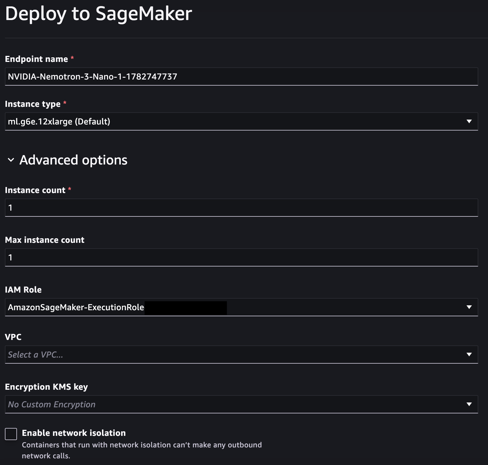 Deployment configuration for the fine-tuned Nemotron Nano 30B model on an ml.g6e instance