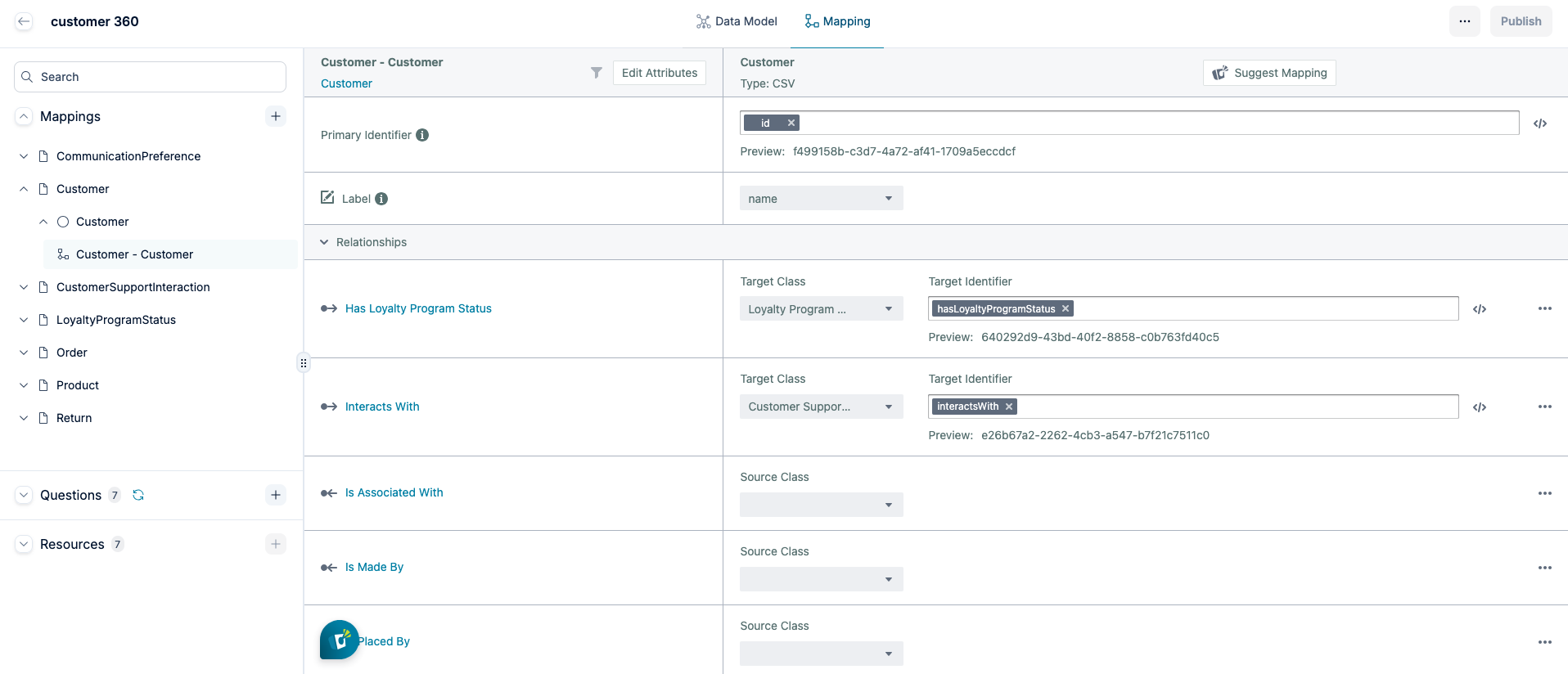 Stardog Designer mapping editor binding the Customer source to the Customer concept, with the id column set as the primary identifier