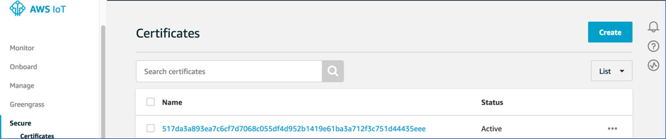 AWS IoT Console. First step to creating a Certificate to be associated with the AWS IoT Greengrass core. 