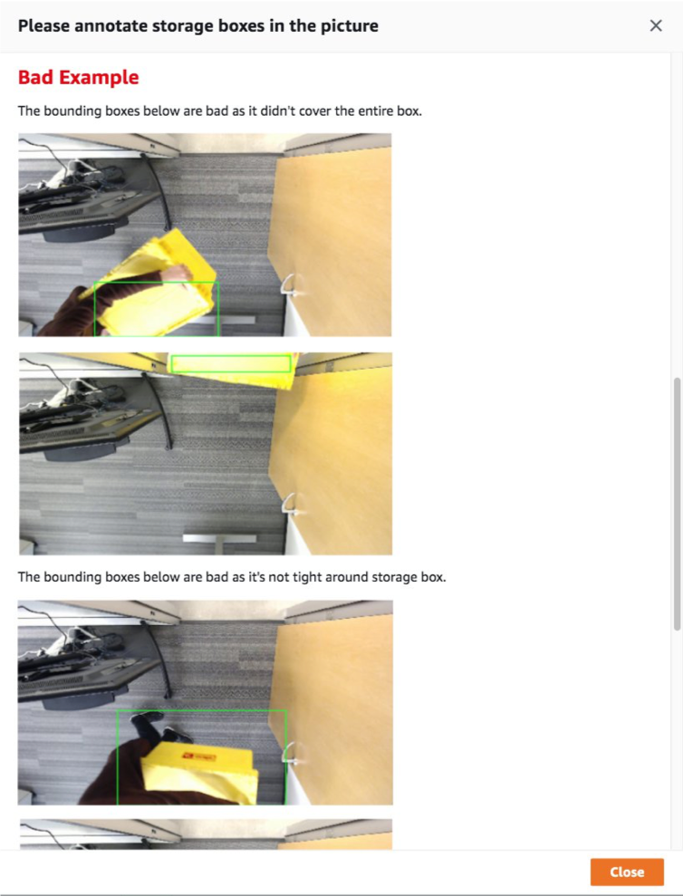 Sagemaker ground truth labeler portal screenshot showing instructions on bad examples of labels