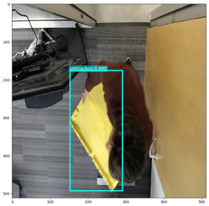 Image with person moving a box, with a bounding box highlight surrounding the box.