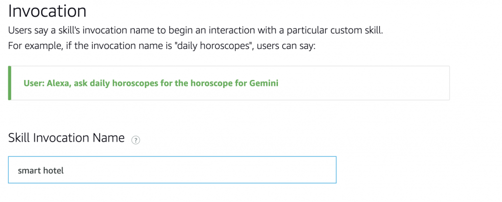 Skill Invocation Name is being set to smart hotel