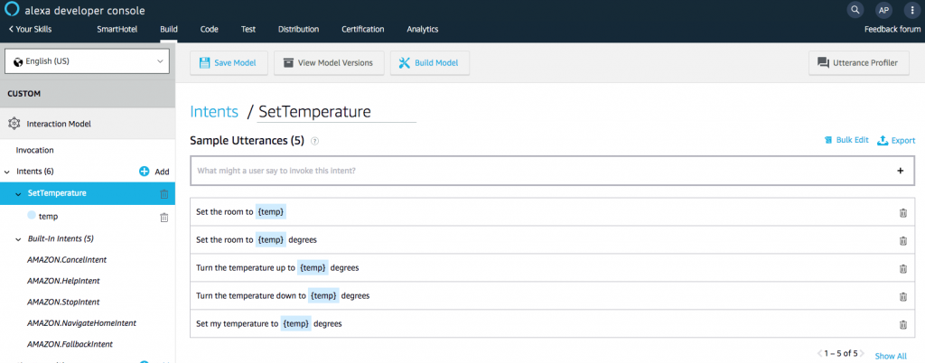 Set Temperature Intent with multiple utterances