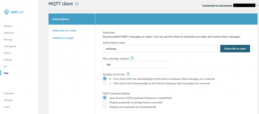 Subscribing to set temperature topic in IoT Core Test tab.