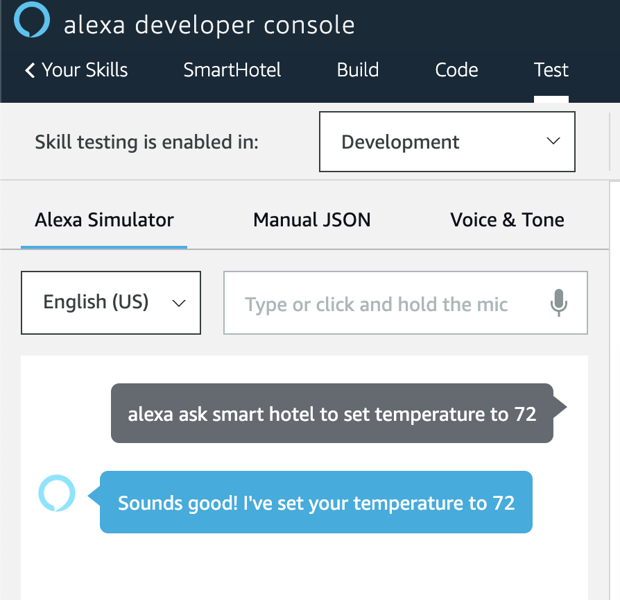 Alexa developer console testing interface.