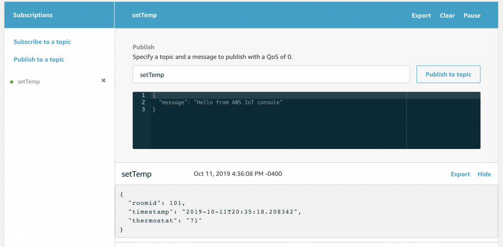 IoT Core Test screen showing message from Alexa to device.