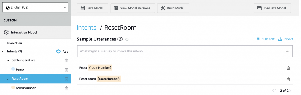 Reset Room Intent with multiple utterances