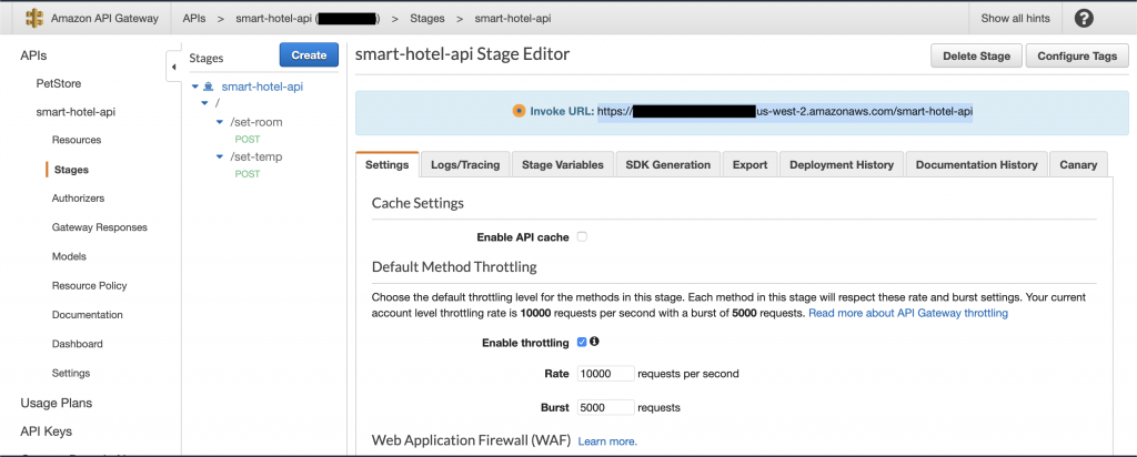 API Gateway stages tab.