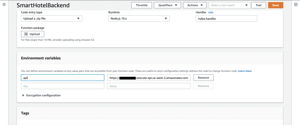 Lambda function environment variables section.