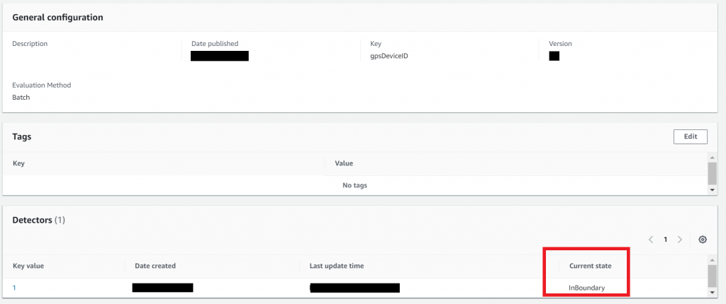 This image shows the AWS IoT Events console where you click on your Detector model name and confirm the device’s current state