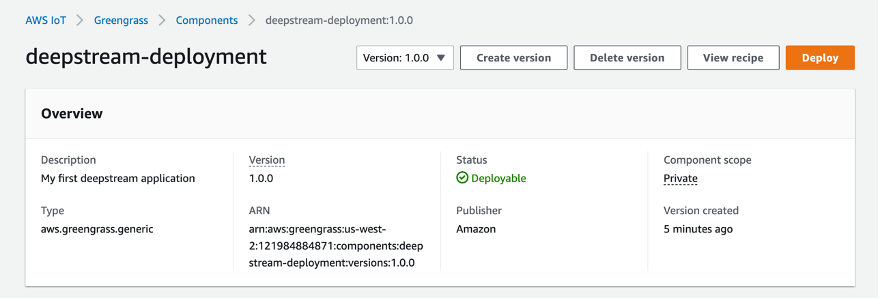 This image shows the AWS Management Console, AWS IoT Greengrass V2 Components Deployment