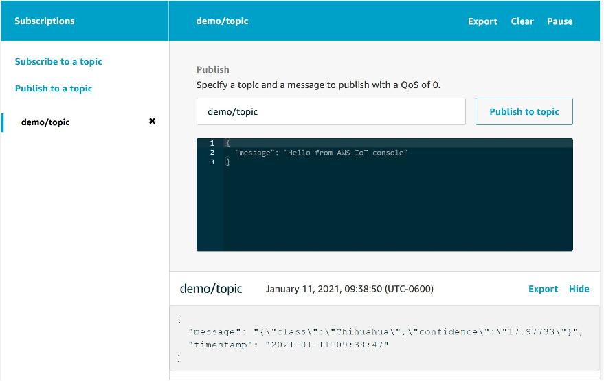 This image shows where to conduct image inference/classification in the AWS IoT Core Management Console
