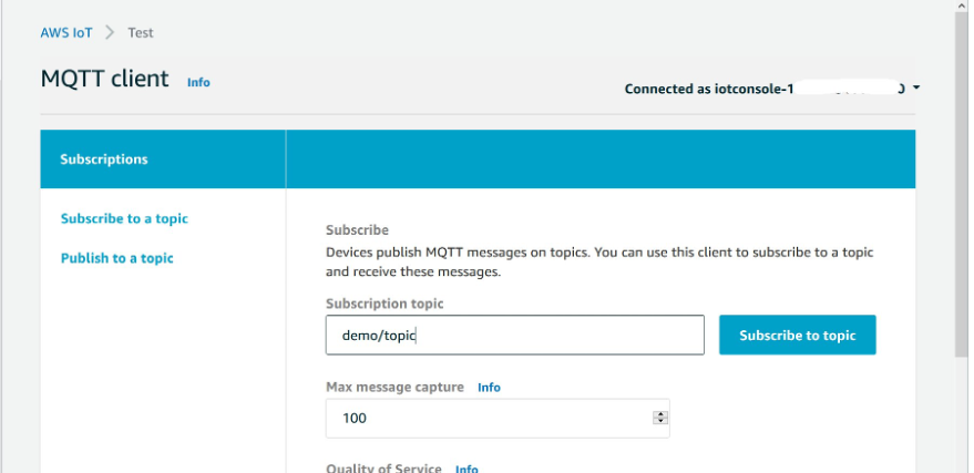 This image shows the MQTT Test Client page in the AWS IoT Core Management Console