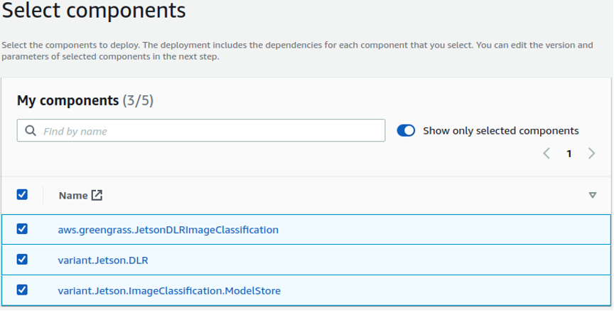 This image shows where you select components in the AWS IoT Greengrass console