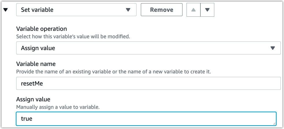 Figure showing a variable resetMe being assigned to the Boolean value, true, in the AWS IoT Events console