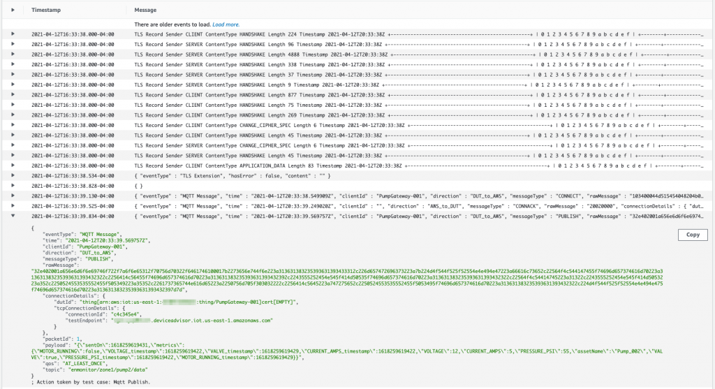 Amazon CloudWatch Logs showing published messages to AWS IoT Core Device Advisor.
