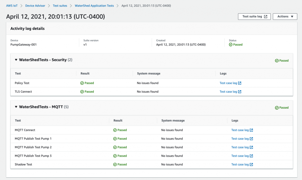All test cases are now passing in AWS IoT Core Device Advisor