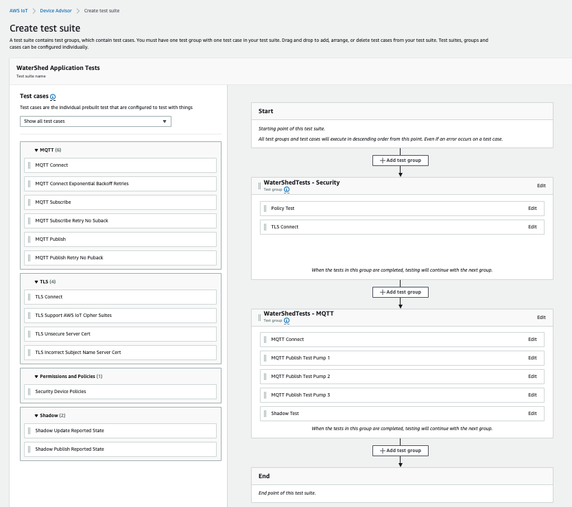 Test suite creation from the AWS IoT Core Device Advisor console