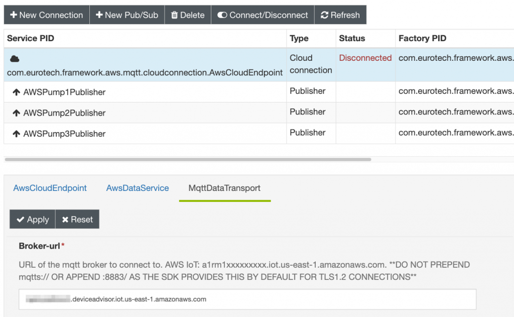 The MQTT broker endpoint is changed to point to the Device Advisor endpoint under the ‘Broker-url’ configuration parameter in ESF