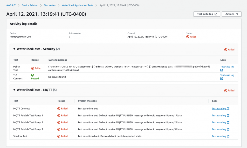 AWS IoT Core Device Advisor console displays the test run results indicating multiple test failures