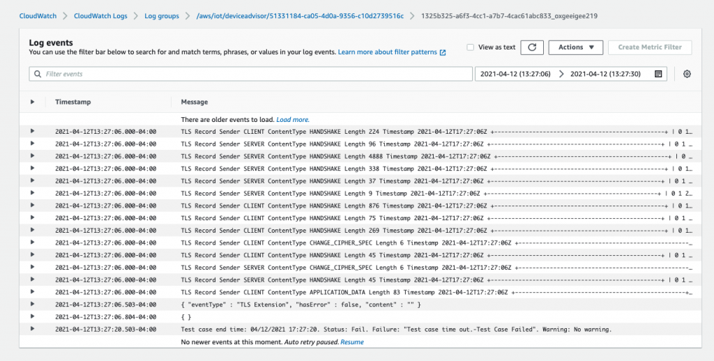 Amazon CloudWatch Logs displaying the TLS handshake