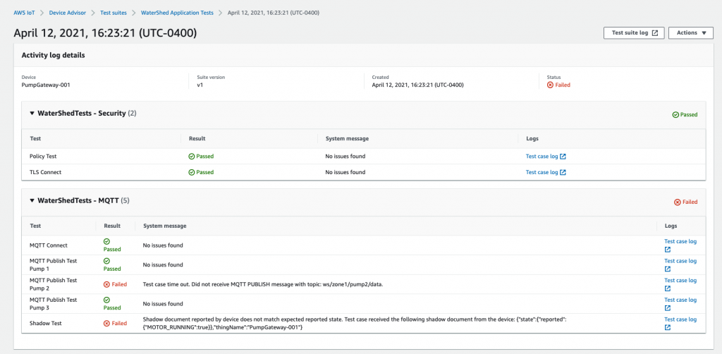 Device Advisor test report shows test case failures.
