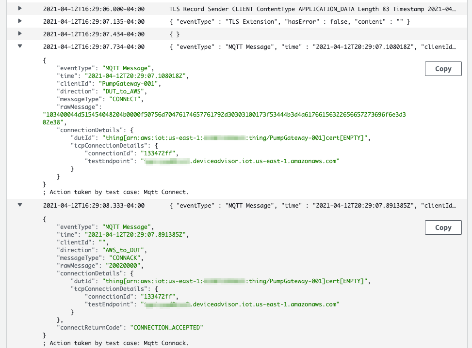 CONNECT and CONNACK messages exchanged with the device and Device Advisor