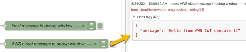Message sent from AWS IoT Core and received in Node-RED connected to AWS IoT Greengrass