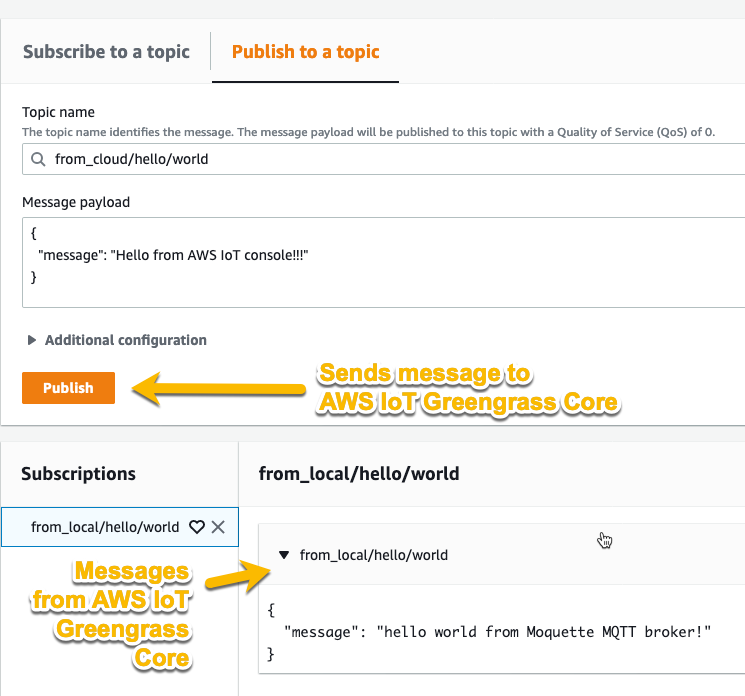 AWS IoT Console test client showing messages received from thing 1 via the MQTT Bridge