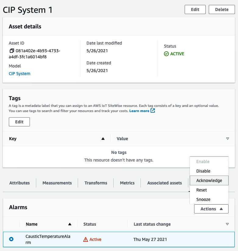 Various actions allowed on an Active alarm