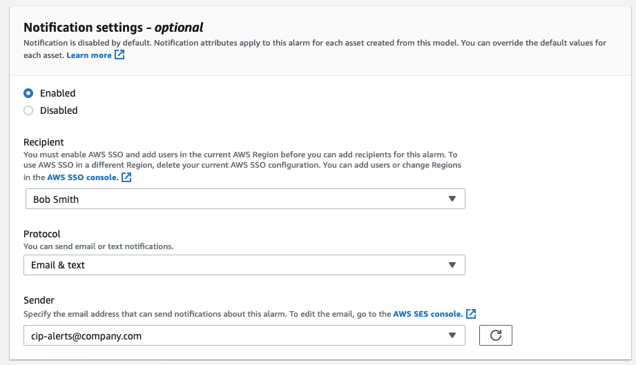 Select notification options for Alarm