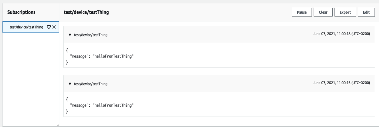 Test messages received in the AWS IoT Core console mqtt test client